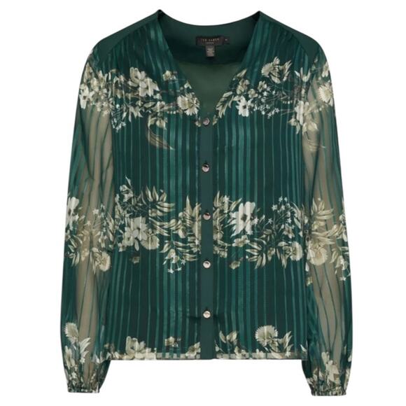 Ted Baker Evelin Floral Print Metallic Crepe Long Sheer Sleeve Green Blouse Sz 4 - Picture 3 of 15
